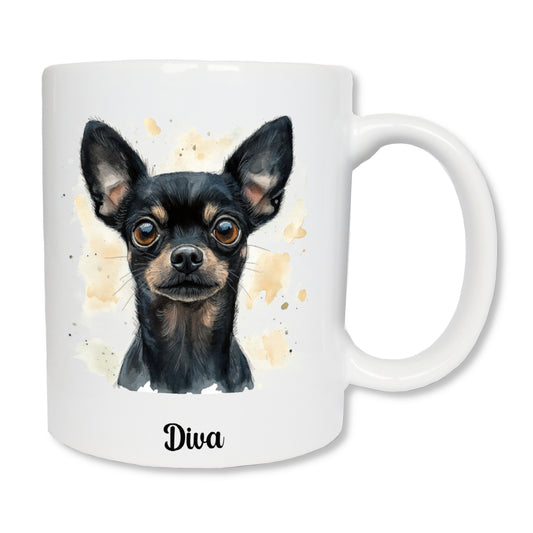 Mug blanc en céramique avec un dessin représentant la tête d'un chihuahua noir de face à poils courts