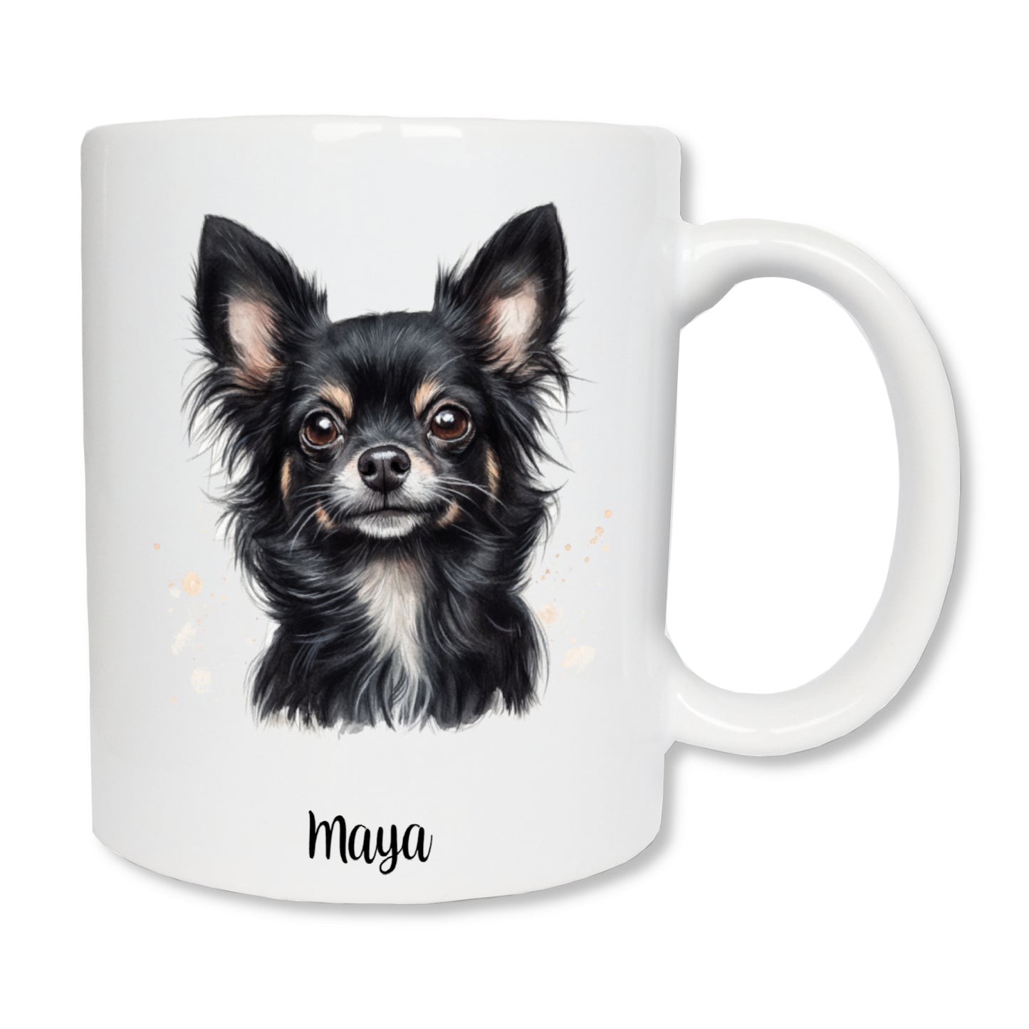 Mug blanc en céramique avec un dessin représentant la tête de face d'un chihuahua noir à poils longs