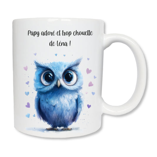 Mug blanc en céramique de 325 ml avec le dessin d'une chouette amusante bleue avec de gros yeux, et personnalisé avec votre texte. Un  Cadeau pour un chouette papy.