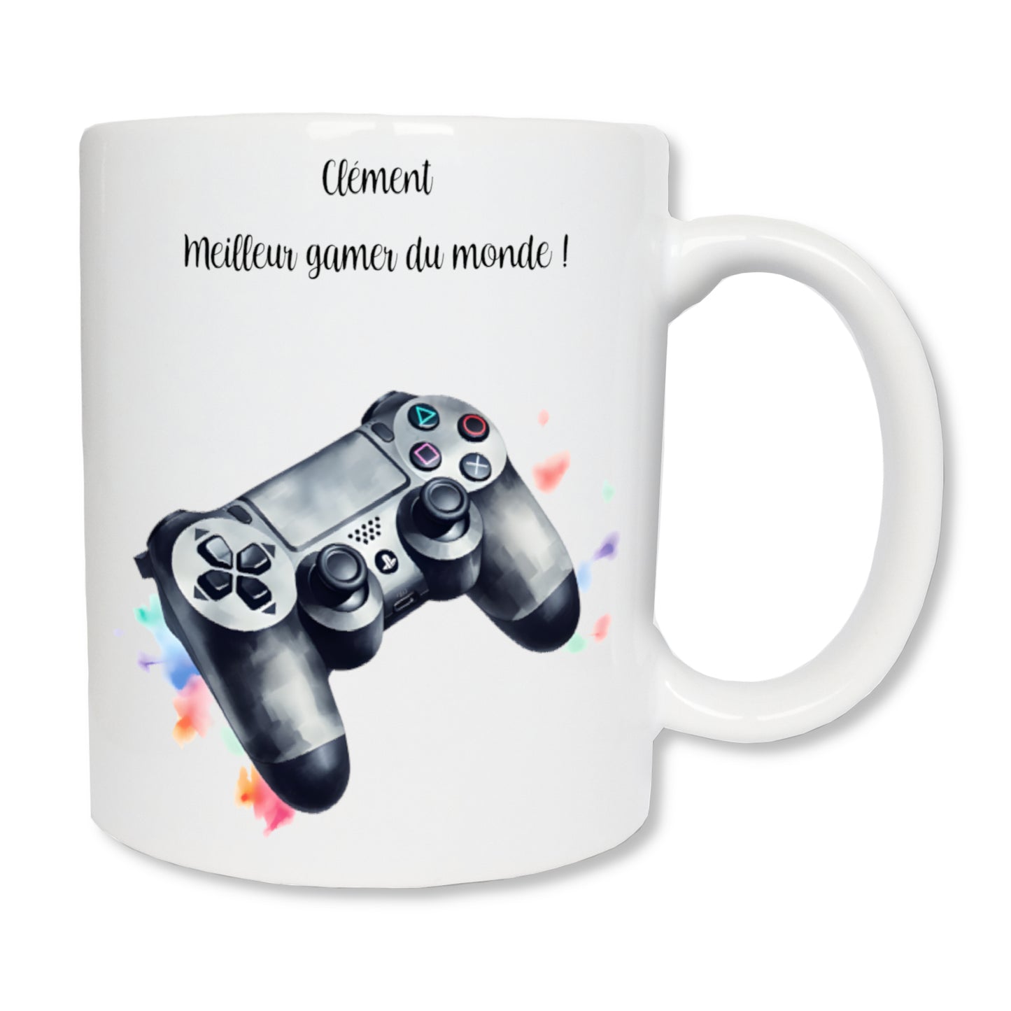 Mug personnalisé en céramique blanc affichant une manette de jeu de playstation et un message personnel