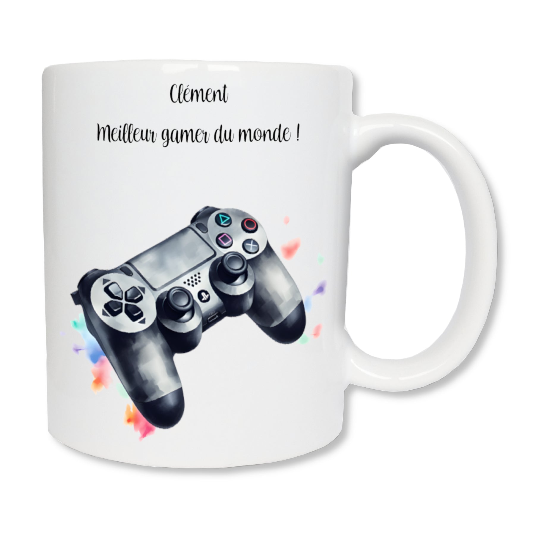 Mug personnalisé en céramique blanc affichant une manette de jeu de playstation et un message personnel