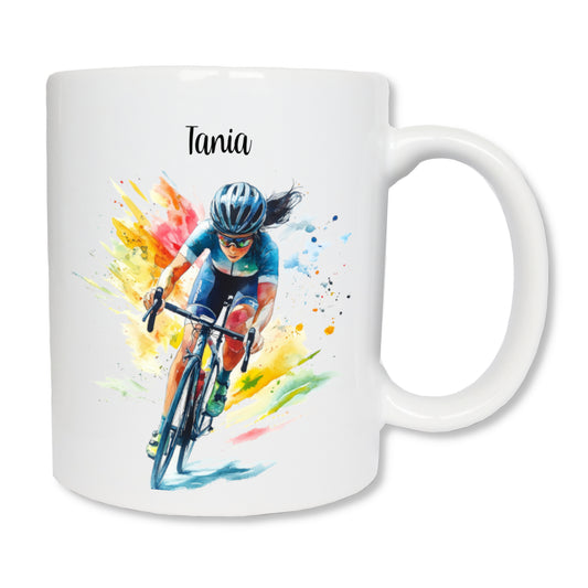 Mug blanc en céramique de 325 ml avec un dessin représentant une femme cycliste qui fait une course sur son vélo. Cadeau cycliste.
