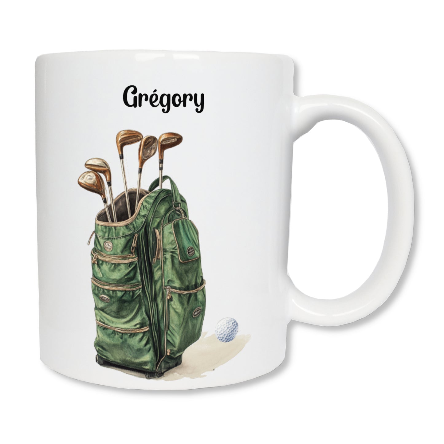 Mug blanc en céramique avec un dessin représentant un club de golf dans un sac vert