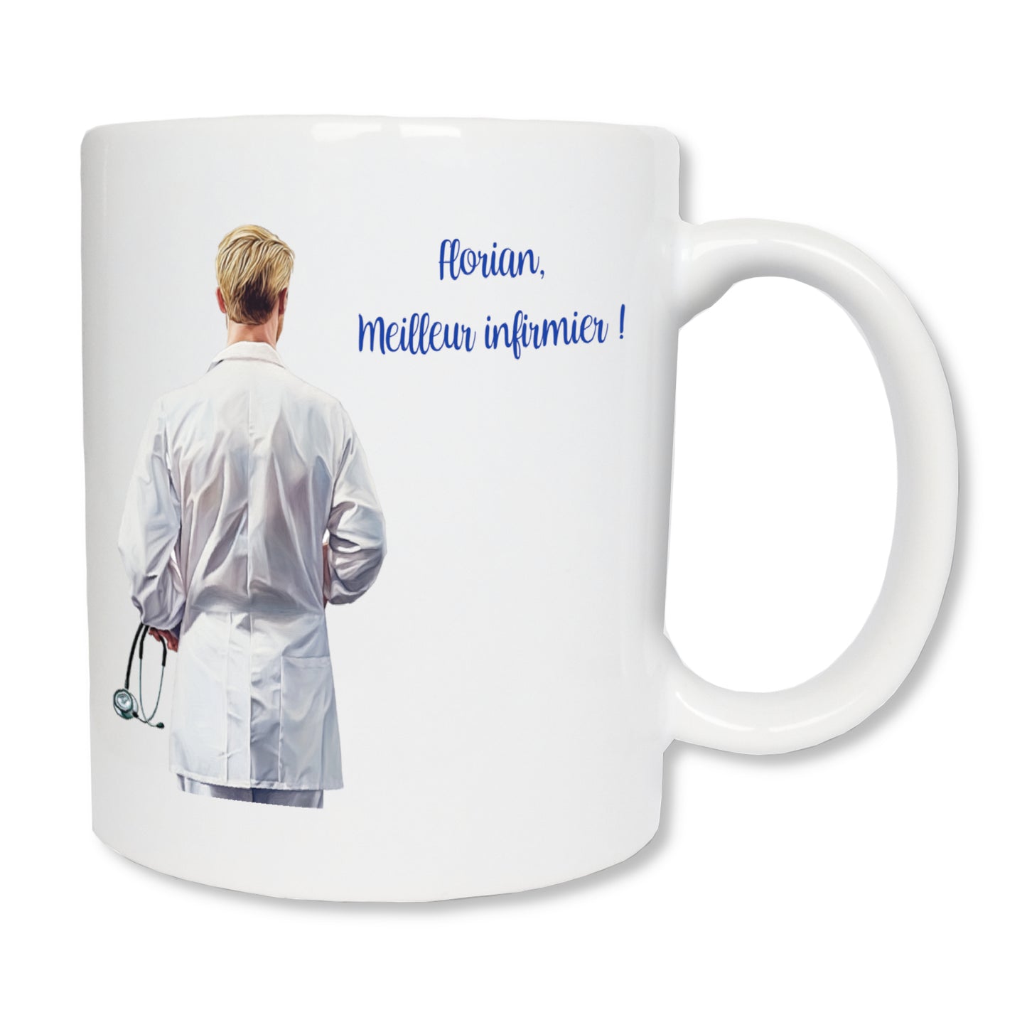Mug blanc en céramique avec un dessin représentant un homme infirmier de dos avec une blouse blanche et qui tient un stéthoscope au bras