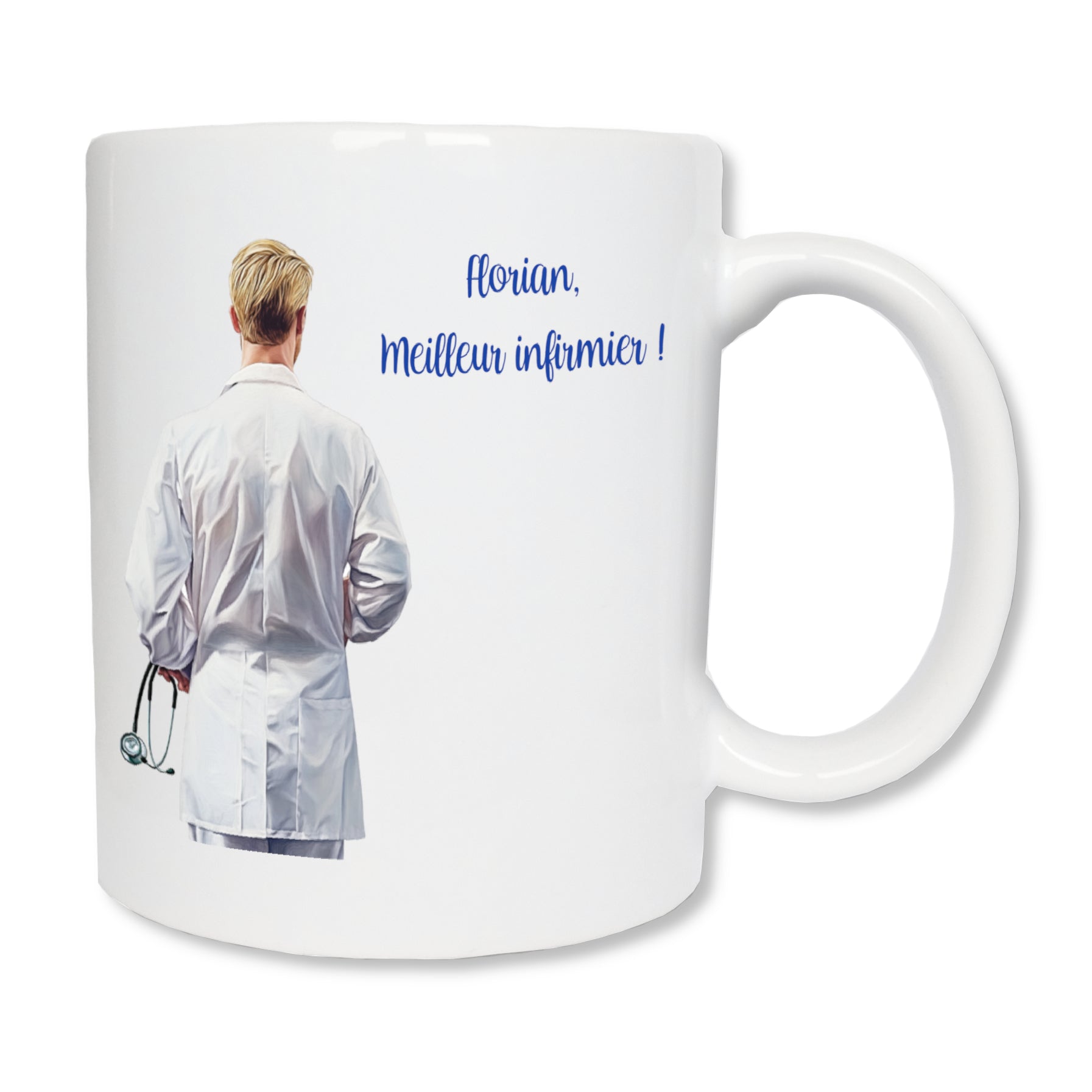 Mug blanc en céramique avec un dessin représentant un homme infirmier de dos avec une blouse blanche et qui tient un stéthoscope au bras