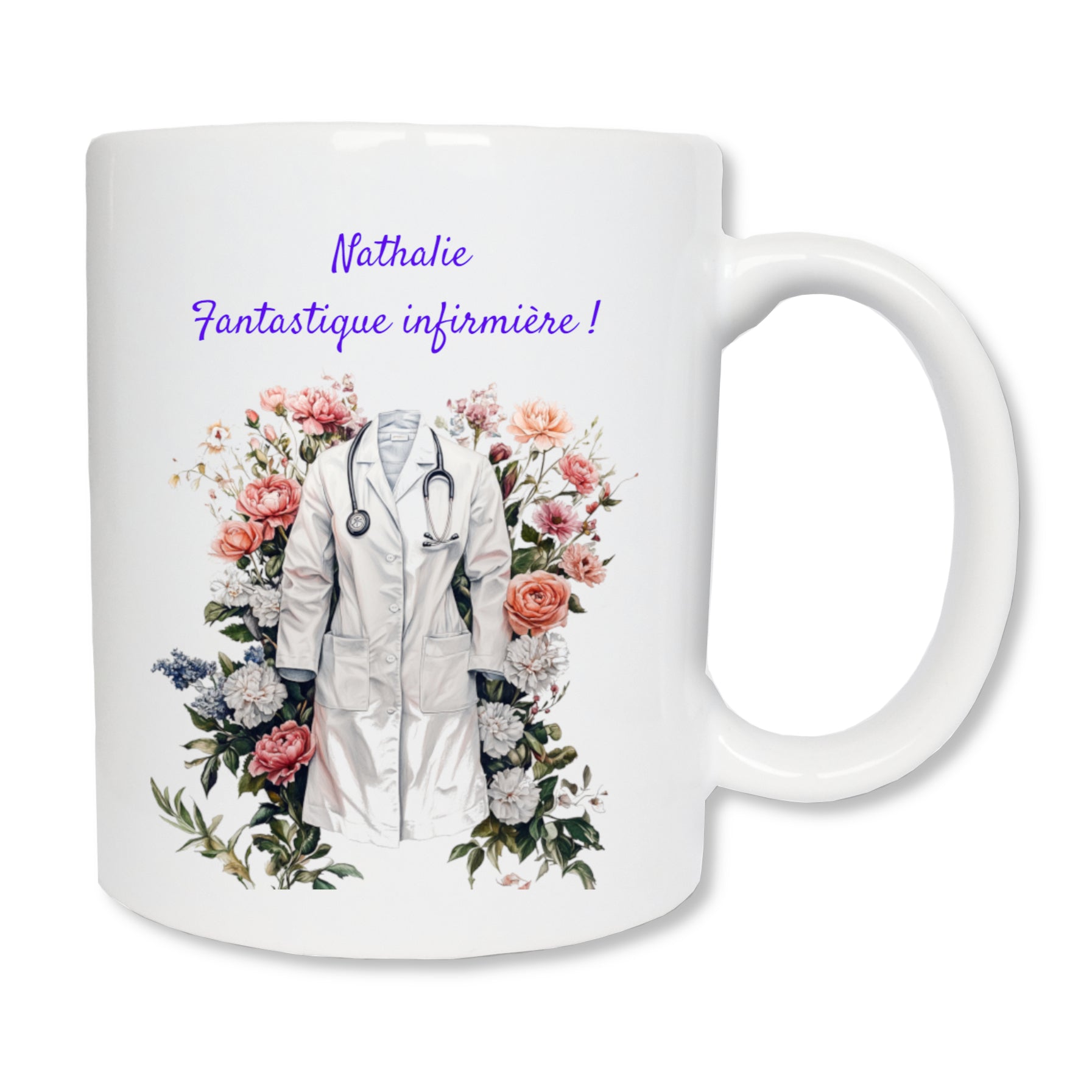 Mug blanc en céramique représentant un dessin avec une blouse d'infirmière avec en fond des motifs floraux