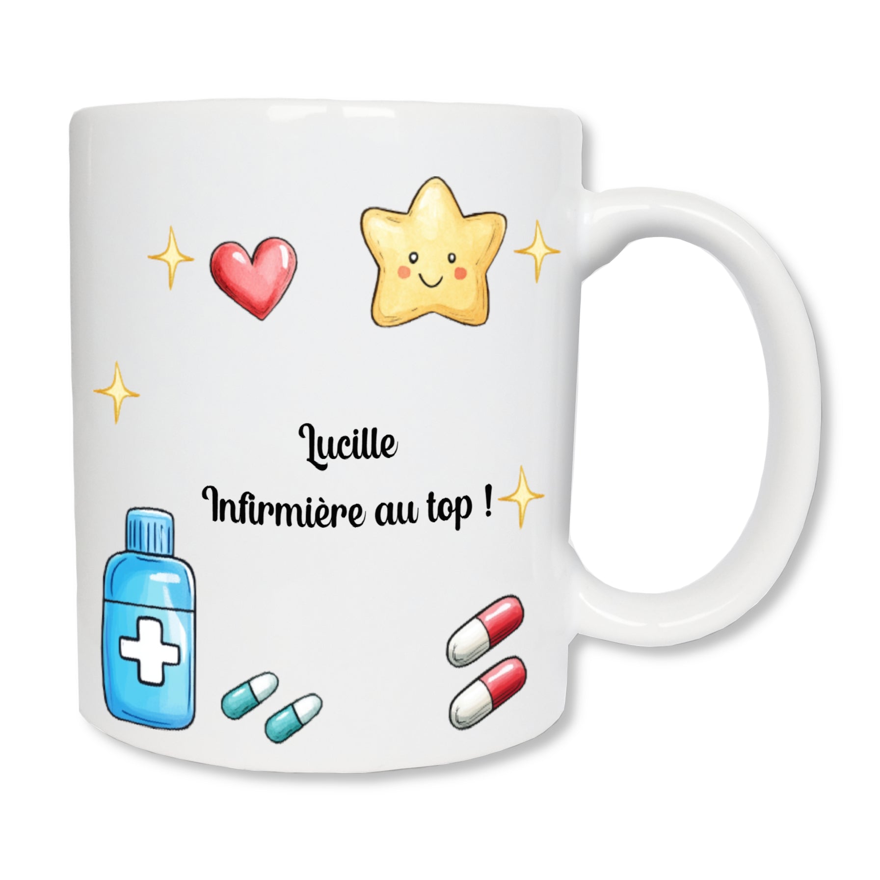 Mug blanc en céramique d'une contenance de 325 ml, pour les infirmières / aides-soignantes / médecins...représentant un dessin avec des médicaments, un coeur, une étoile et personnalisé avec un texte.