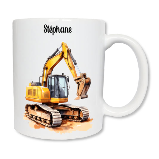 Mug blanc en céramique de 325 ml avec une pelleteuse et personnalisé avec un prénom. Cadeau pour maçon, conducteur d'engin.