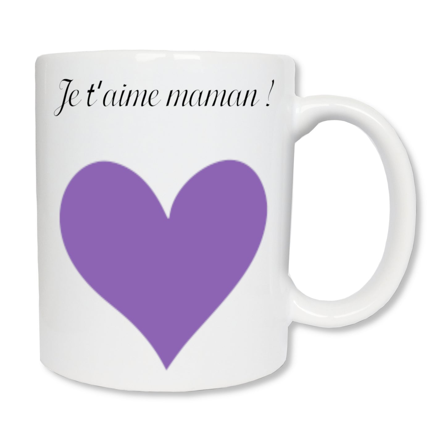 Mug personnalisé en céramique blanc avec un gros coeur violet. En haut il est écrit "Je t'aime maman !"