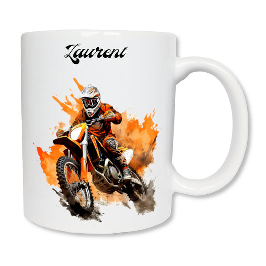 Mug personnalisé en céramique blanc représentant un homme qui fait de la moto-cross
