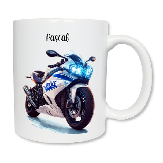 Mug blanc en céramique avec un dessin représentant une moto de police blanche et bleue