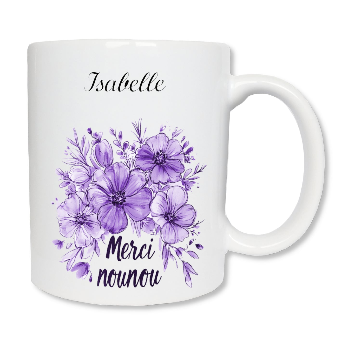 Mug blanc en céramique avec un dessin représentant des fleurs violettes et un prénom au dessus