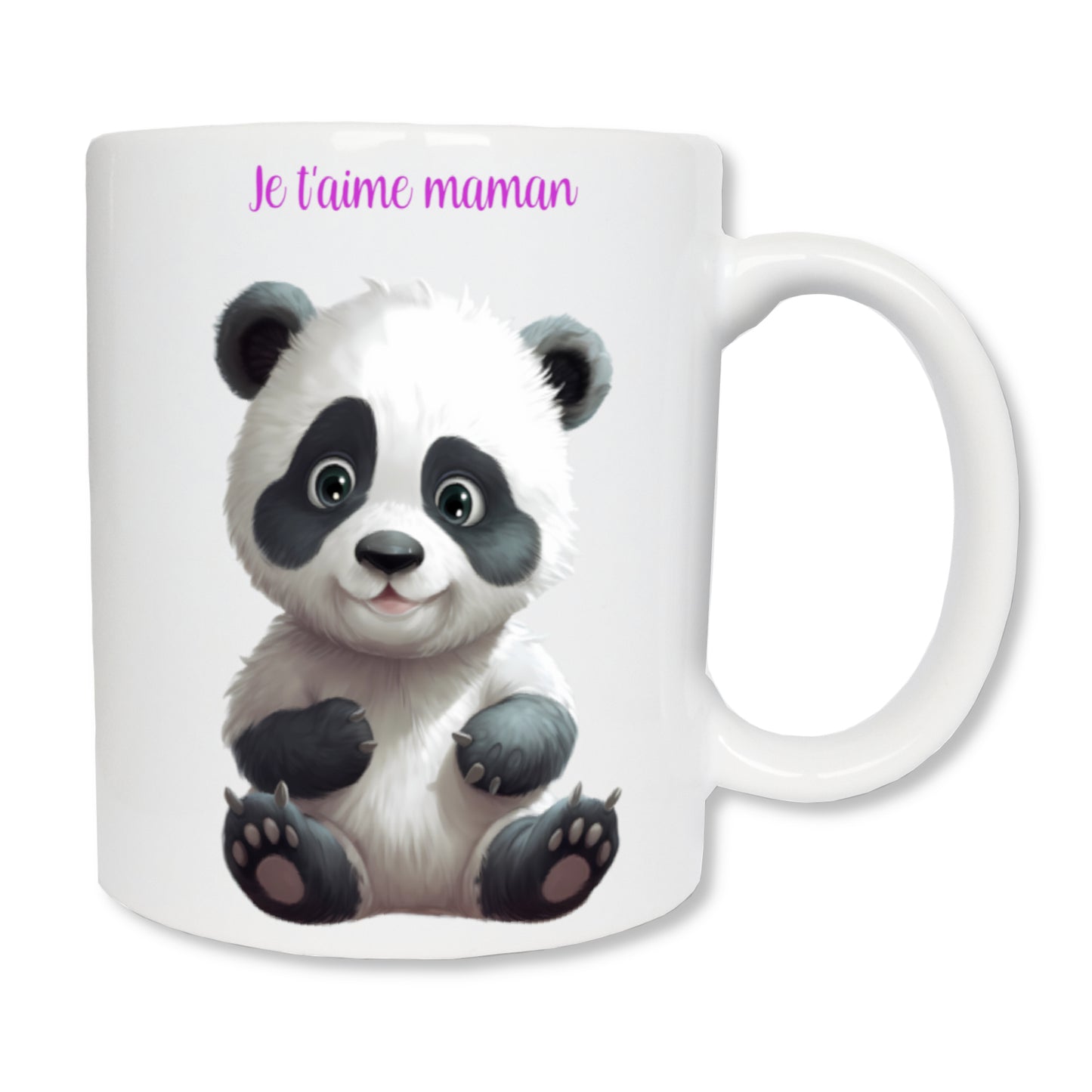 Mug personnalisé en céramique blanc représentant un bébé panda assis qui sourit. En haut il y a le message "Je t'aime maman"
