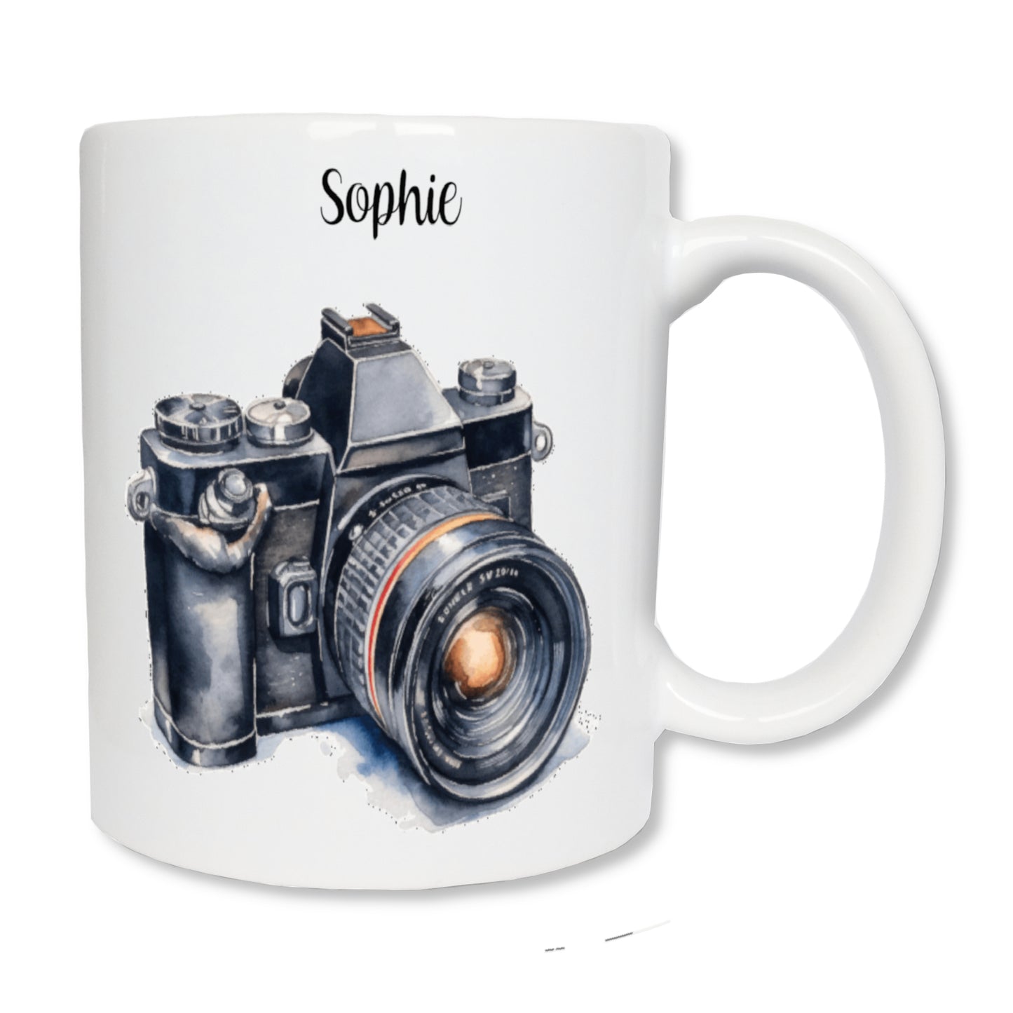 Mug personnalisé en céramique blanc de 325 ml affichant un appareil photo et tout en haut le prénom d'une personne