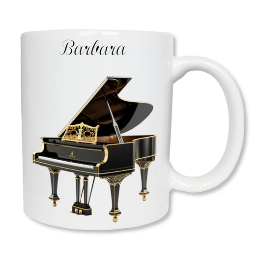 Mug personnalisé en céramique blanc affichant un piano à queue noir.