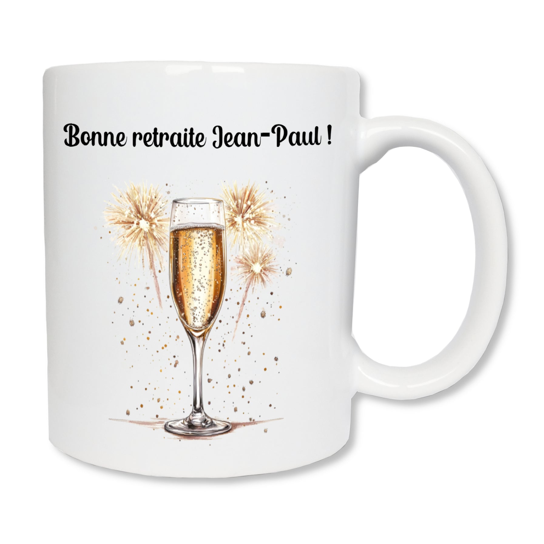 Mug blanc en céramique avec un dessin représentant un verre de champagne et des feux d'artifices en arrière plan