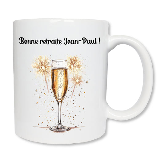 Mug blanc en céramique avec un dessin représentant un verre de champagne et des feux d'artifices en arrière plan