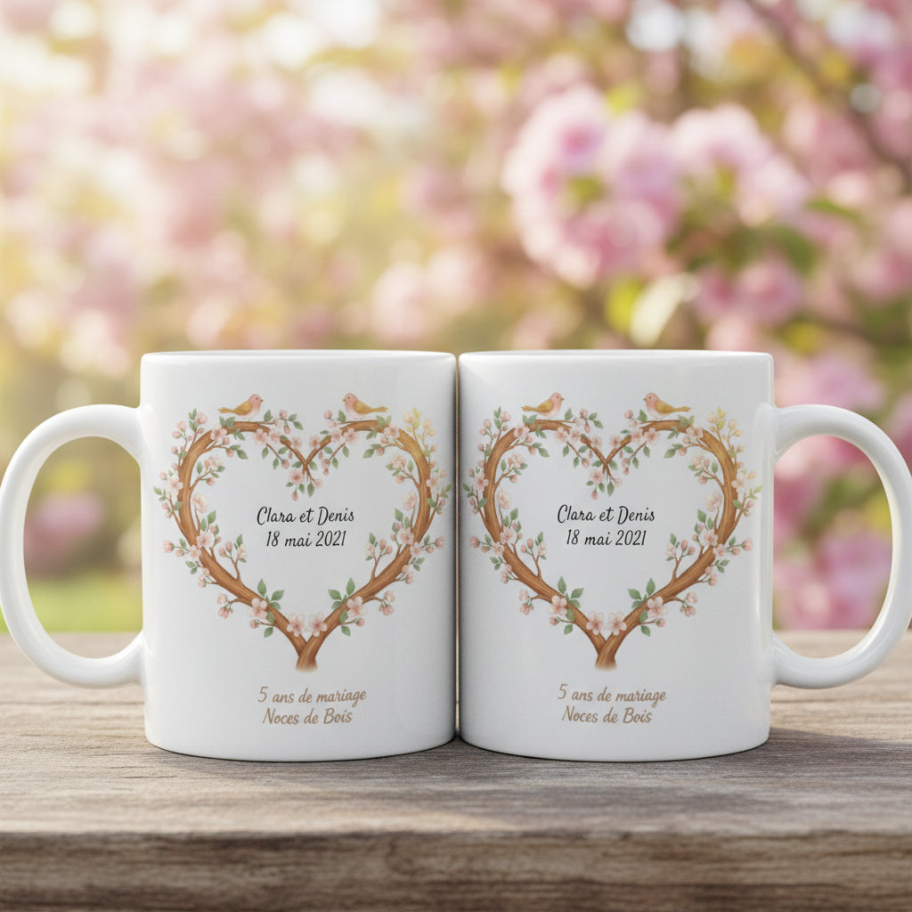 Duo de mugs personnalisés Noces de Bois 5 ans de mariage