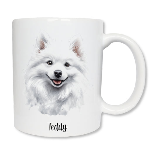 Mug blanc en céramique de 325 ml avec un dessin représentant la tête de face d'un chien spitz.
