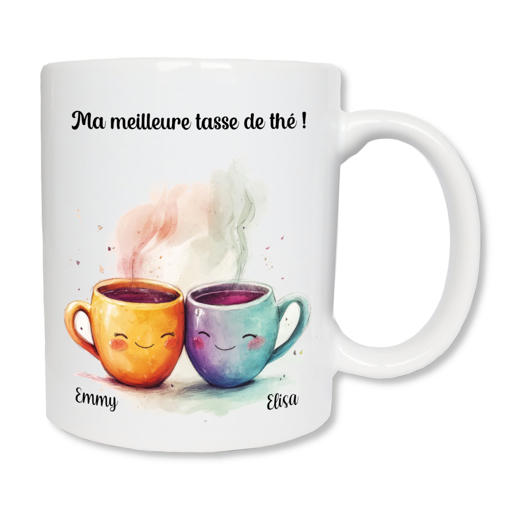 Mug blanc en céramique avec un dessin représentant 2 tasse à café fumante accolées et qui sourient