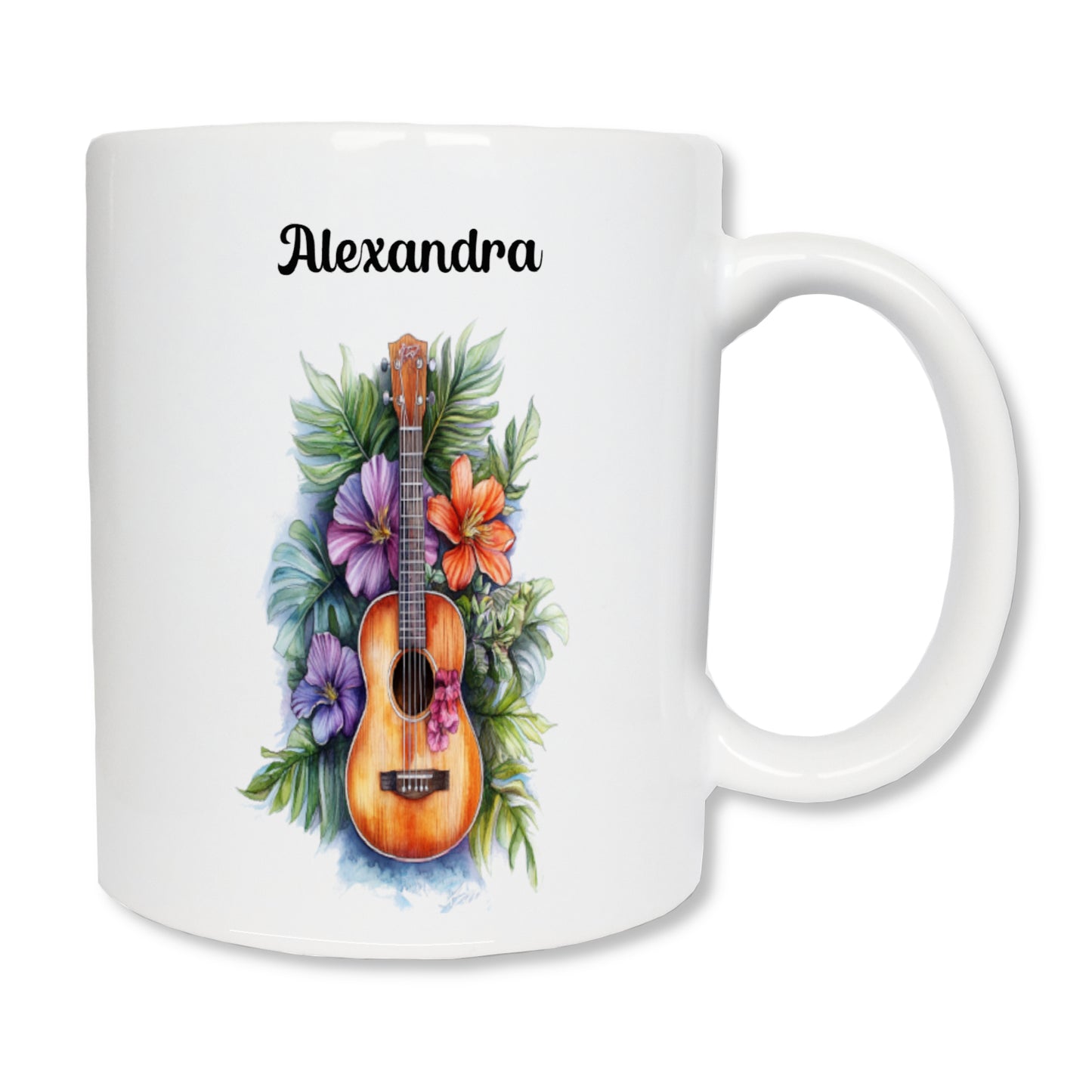 Mug blanc en céramique de 325ml avec un ukulélé et personnalisé avec un prénom.