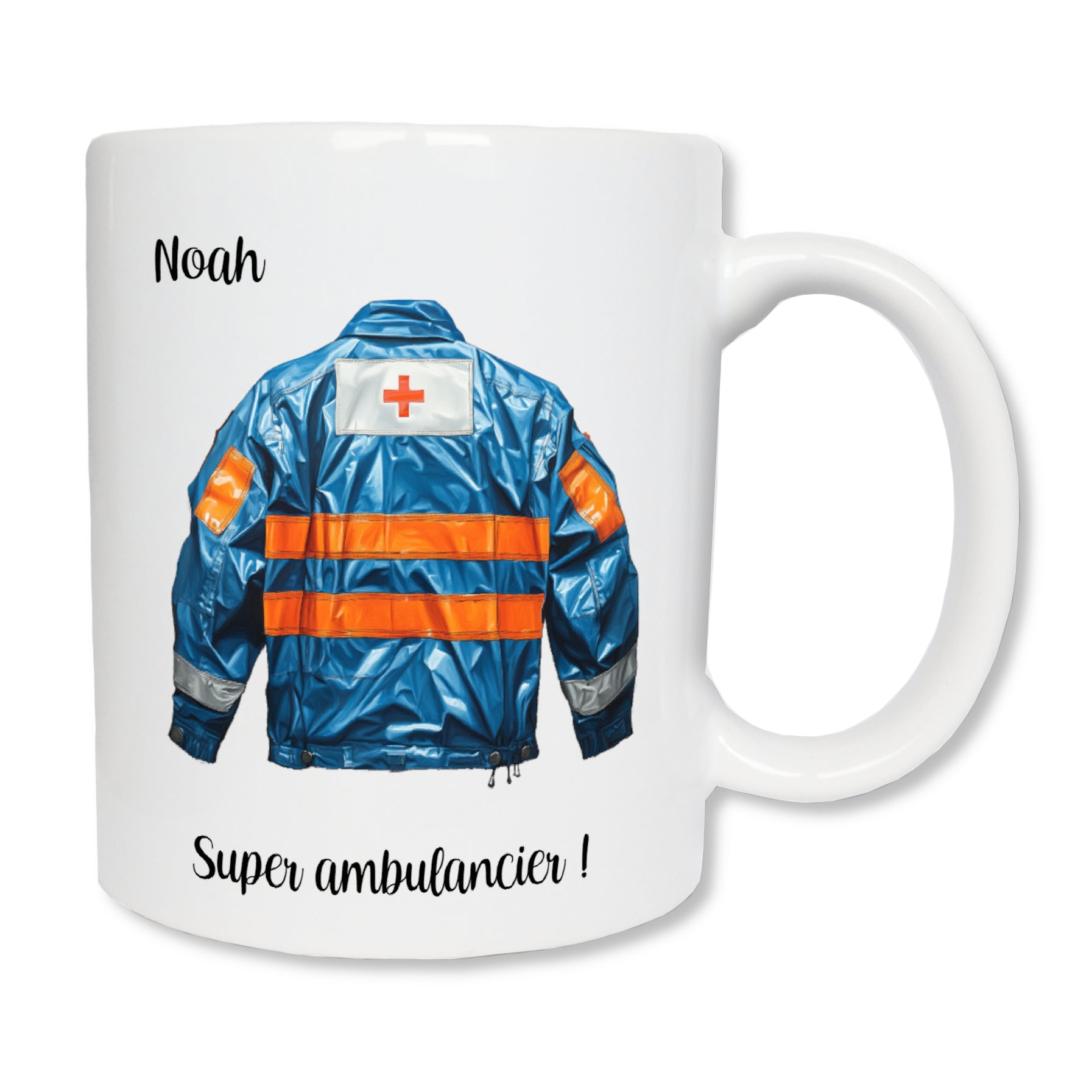 Mug blanc en céramique avec un dessin représentant une veste d'ambulancier bleue avec des bandes oranges, de dos