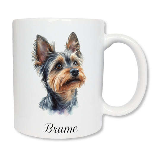 Mug blanc en céramique  de 325 ml avec un dessin représentant la tête d'un yorkshire, et personnalisé avec un prénom.