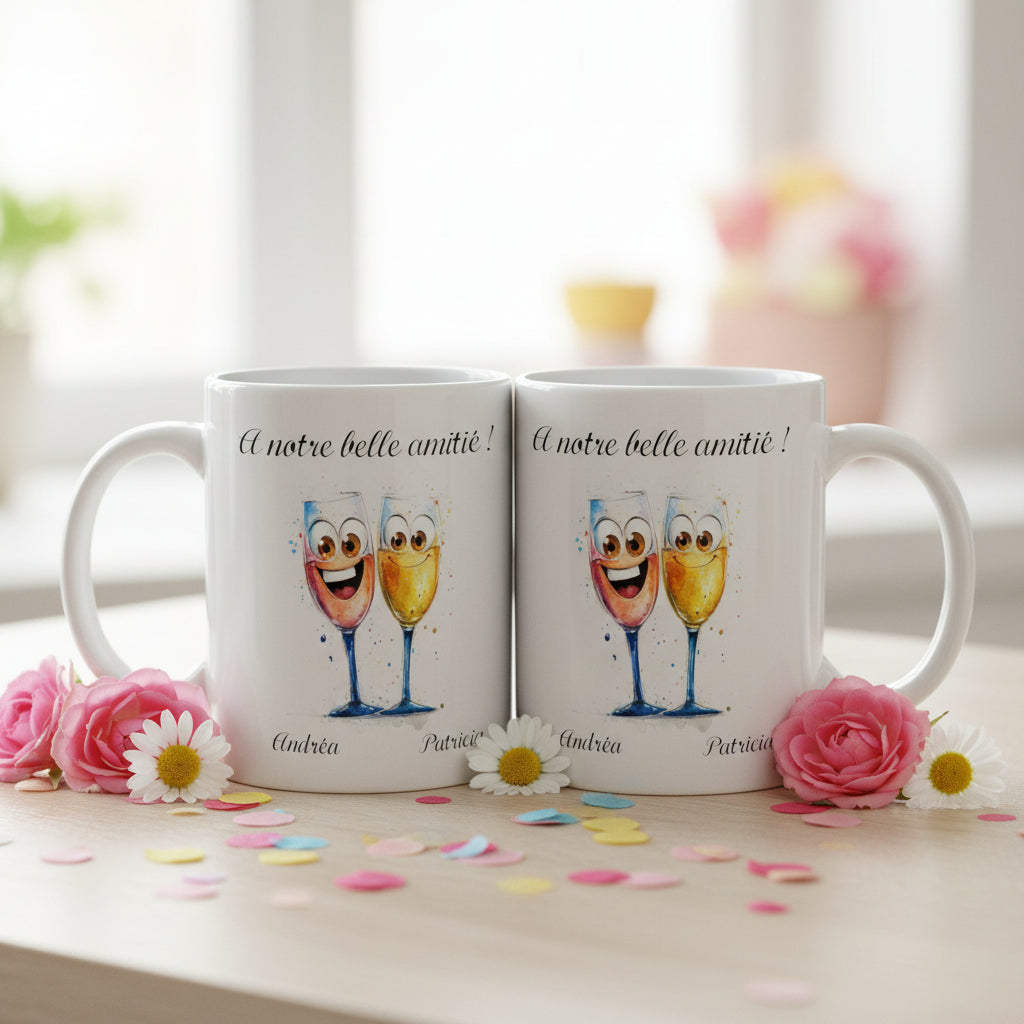 Duos de mugs personnalisés pour 2 amies avec deux verres et prénoms - Cadeau anniversaire