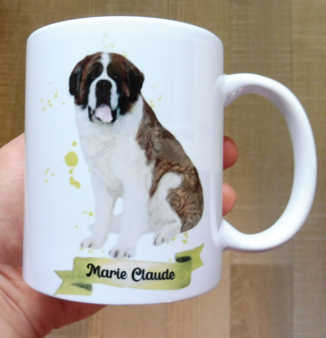 Personalized Saint Bernard dog mug and his first name
