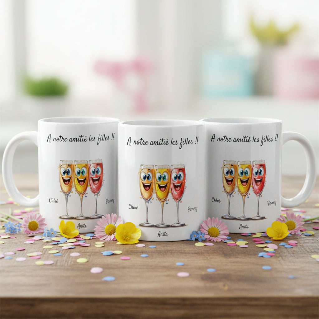 Mugs personnalisés céramique avec verres pour 3 amies et prénoms - Cadeau anniversaire