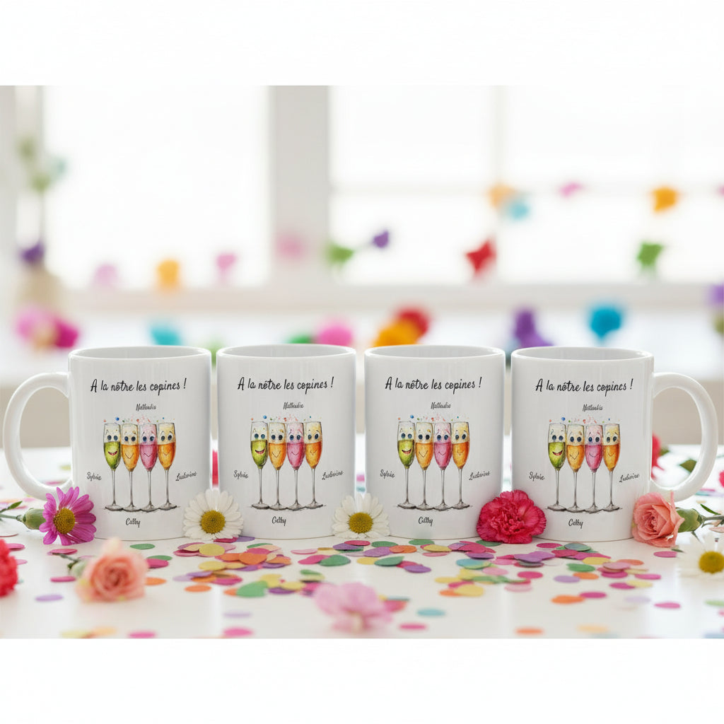 Mugs personnalisé céramique avec 4 verres rigolos, prénom et texte - Cadeau amitiés, amies