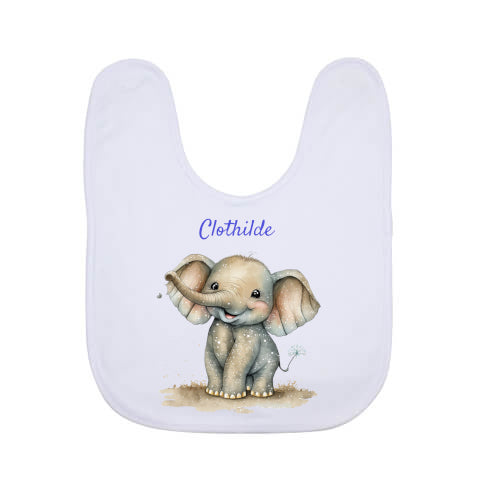Bavoir blanc avec le dessin d'un éléphanteau debout de face qui sourit et personnalisé avec un prénom - Cadeau bébé naissance