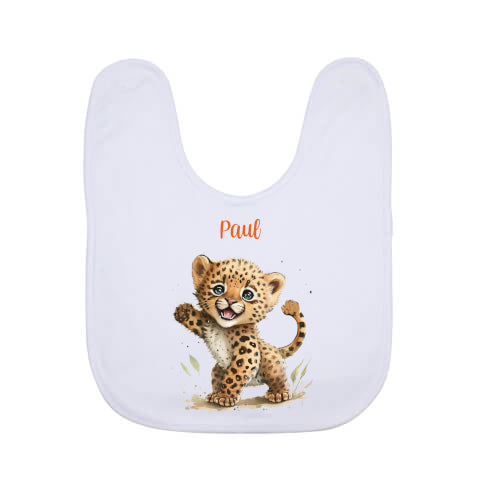 Bavoir blanc avec le dessin d'un bébé léopard qui sourit et personnalisé avec un prénom - Cadeau bébé naissance - Baptême