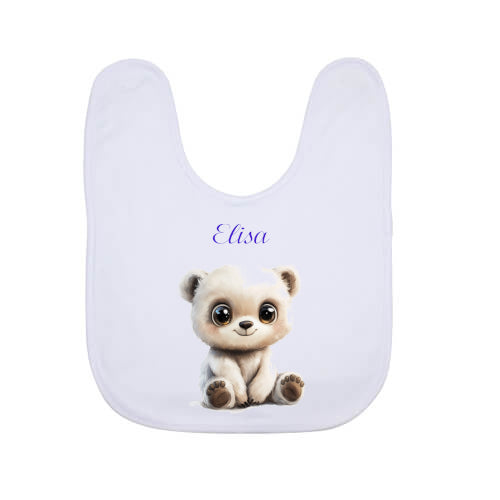 Bavoir blanc avec le dessin d'un ourson blanc de face qui est assit et qui sourit et personnalisé avec un prénom - Cadeau bébé naissance