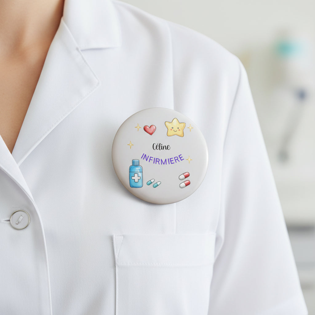 Badge personnalisé infirmière avec prénom à épingle – cadeau soignante infirmière
