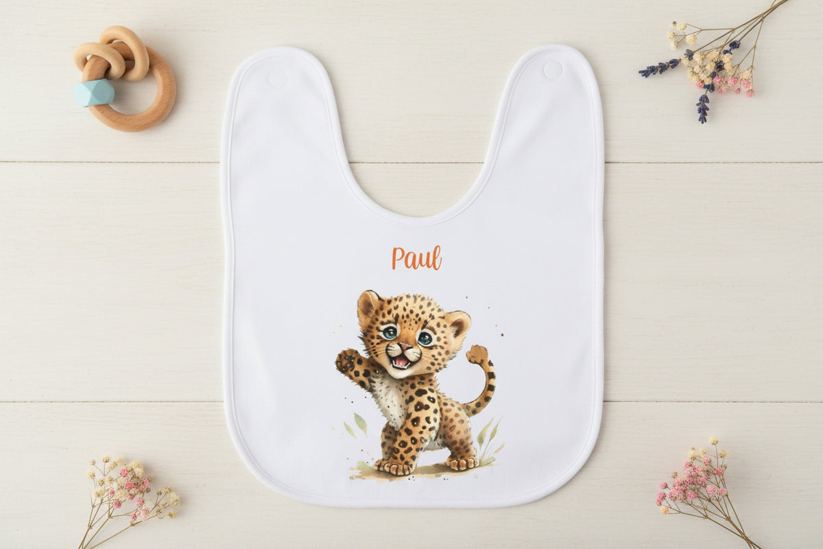 Personalized cheetah baby bib