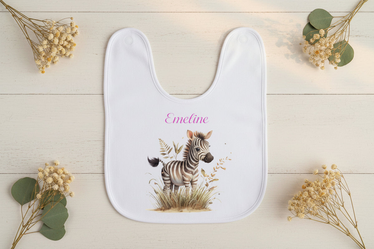 Bavoir personnalisé avec zèbre mignon et prénom - Cadeau bébé naissance