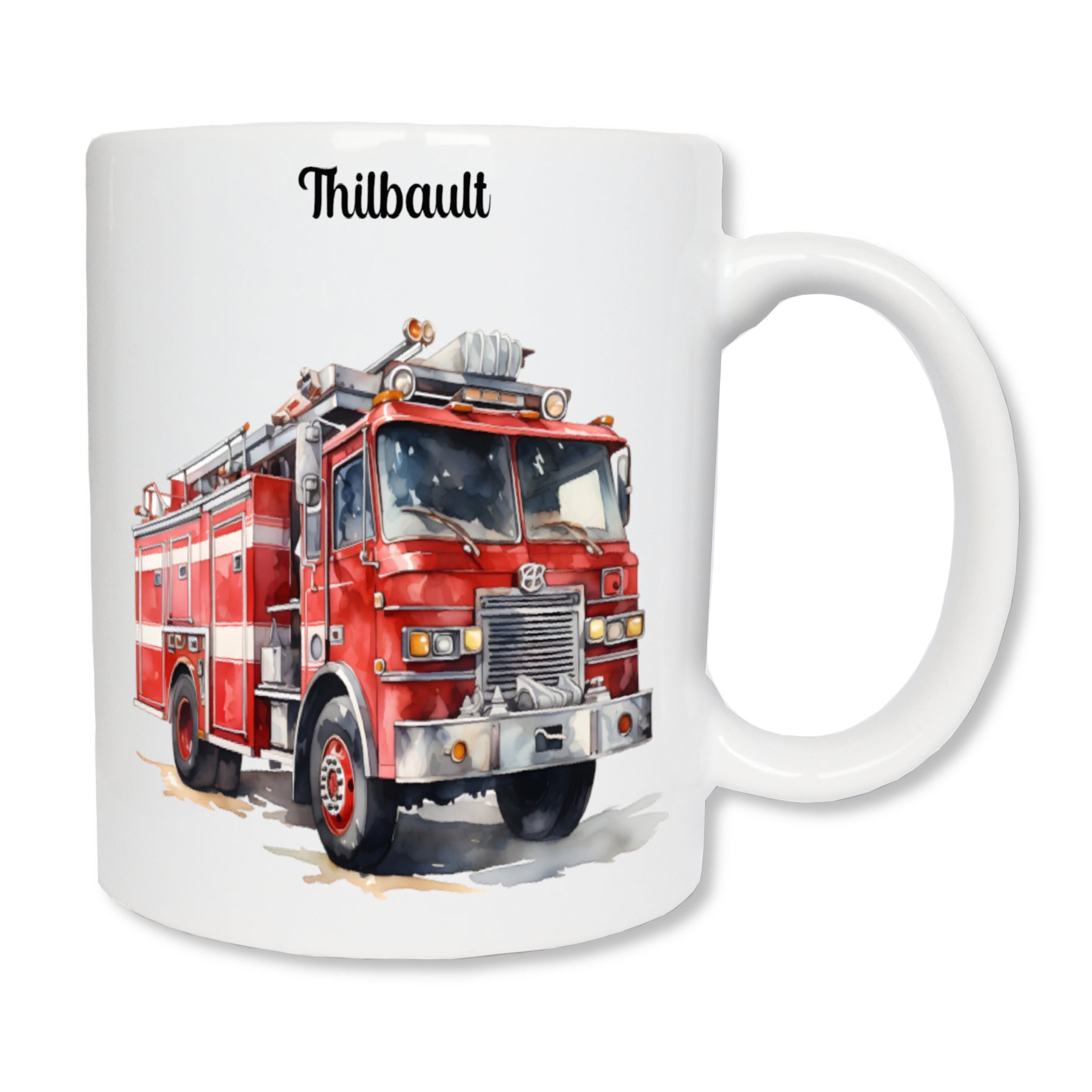 Mug personnalisé en céramique blanc affichant un camion de pompier rouge avec un prénom au dessus