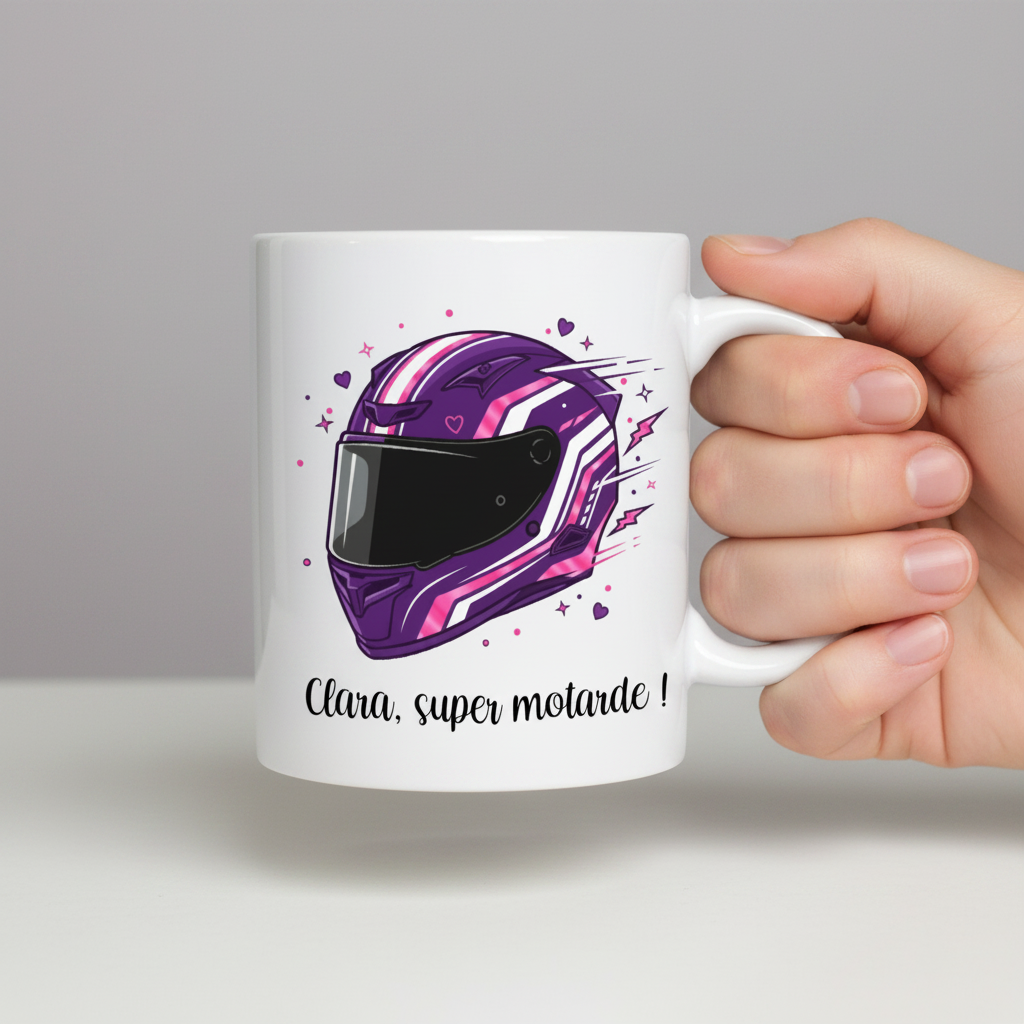 Mug personnalisé motarde casque violet avec prénom – cadeau femme motarde anniversaire
