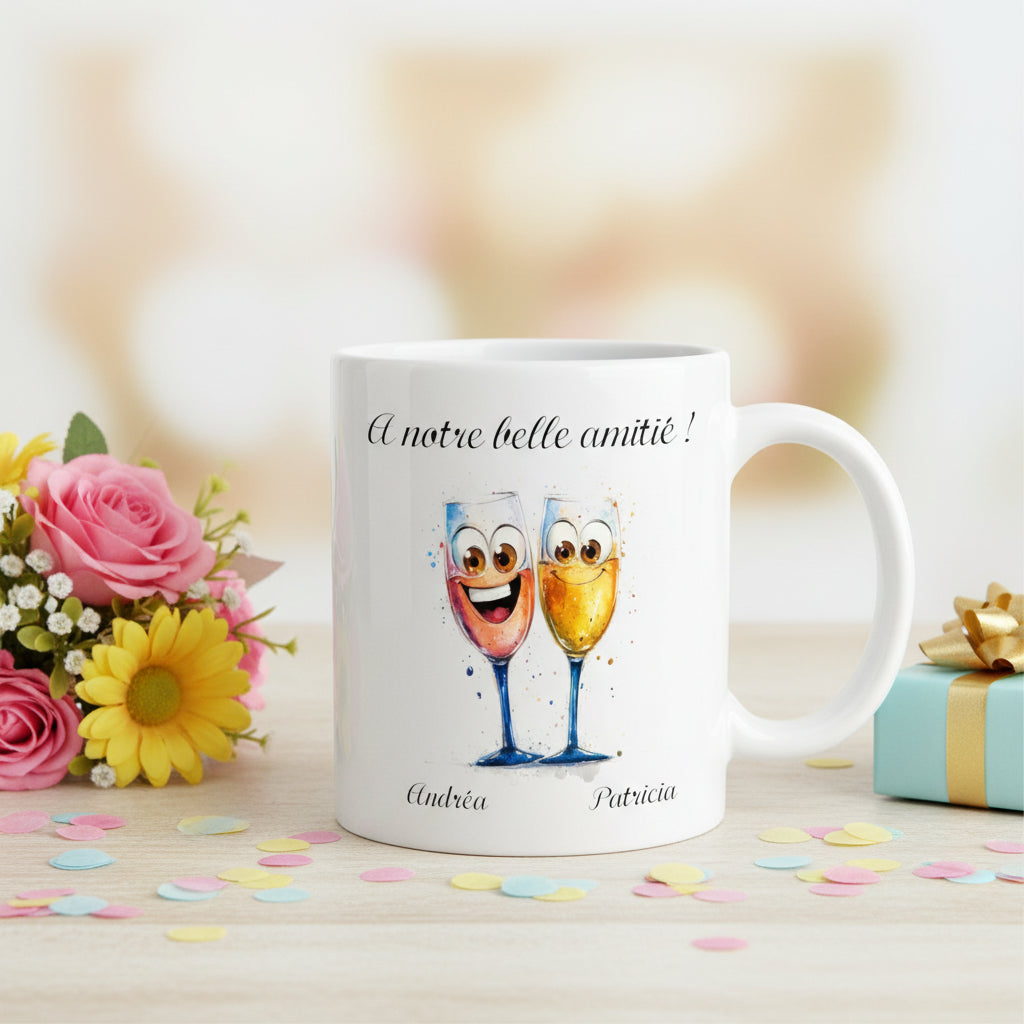 Mug personnalisé céramique amitié avec 2 verres amusants et prénoms - Cadeau anniversaire