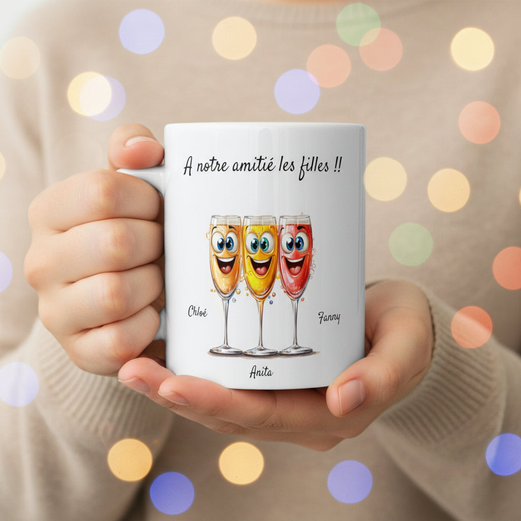 Tasse personnalisée avec 3 verres rieurs avec prénoms et petit texte - Cadeau 3 amies ou collègues