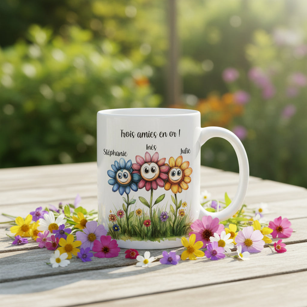 Mug personnalisé céramique pour amies avec 3 fleurs amusantes et prénoms des copines - Cadeau amitié
