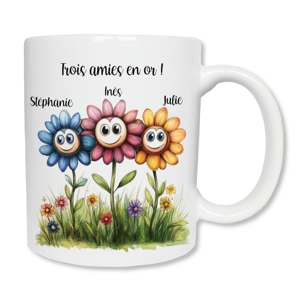 Mug personnalisé blanc en céramique avec 3 fleurs, un texte et des prénoms