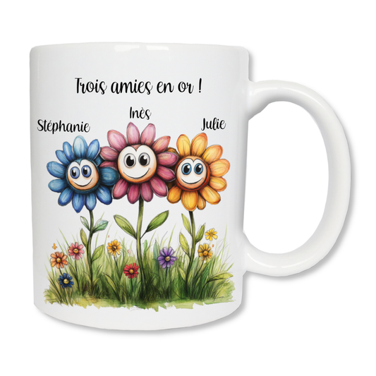 Mug personnalisé blanc en céramique avec 3 fleurs, un texte et des prénoms