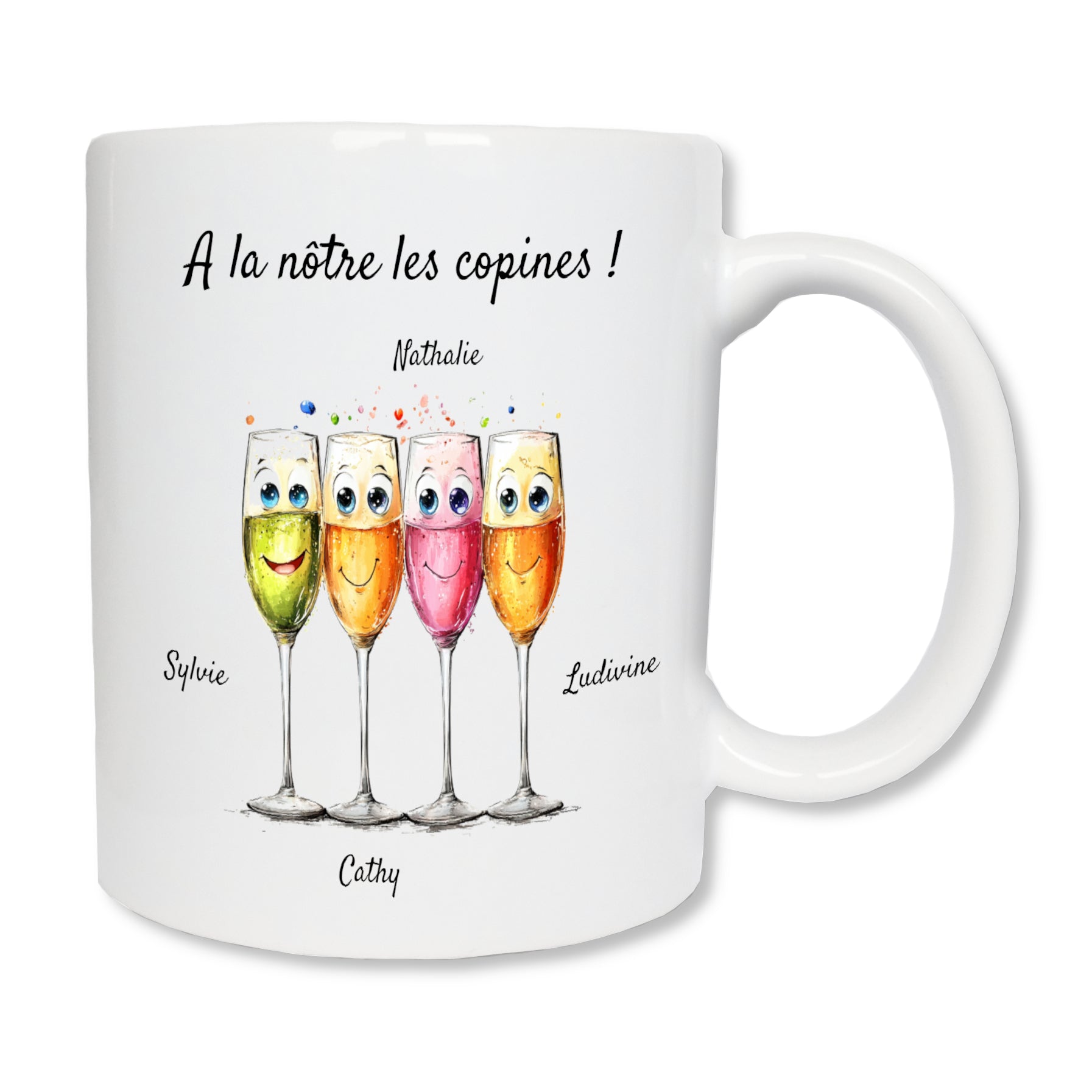 Mug blanc en céramique avec un dessin représentant 4 verres à champagne l'un à côté de l'autre qui sourient. Cadeau amies, amitié