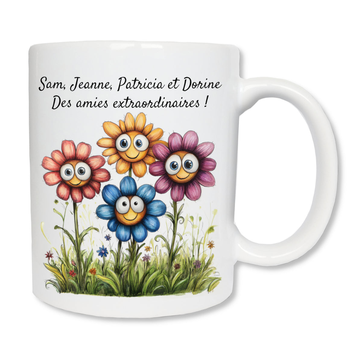 Mug personnalisé en céramique blanc avec 4 fleurs et un texte