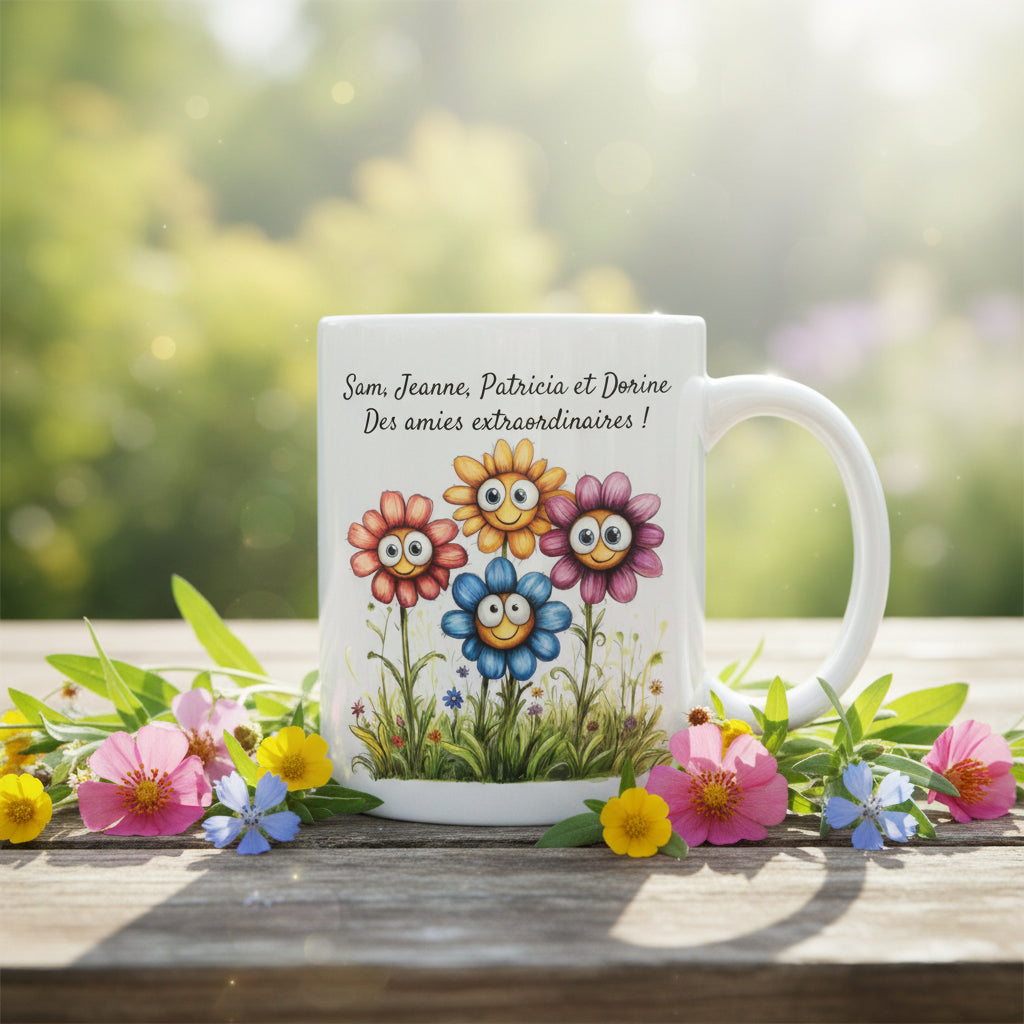 Mug personnalisé céramique avec 4 fleurs joviales et texte - Cadeau pour 4 amies