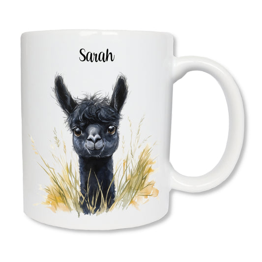 Mug en céramique blanc de 325 ml, personnalisé avec un prénom et la tête d'un alpaga noir
