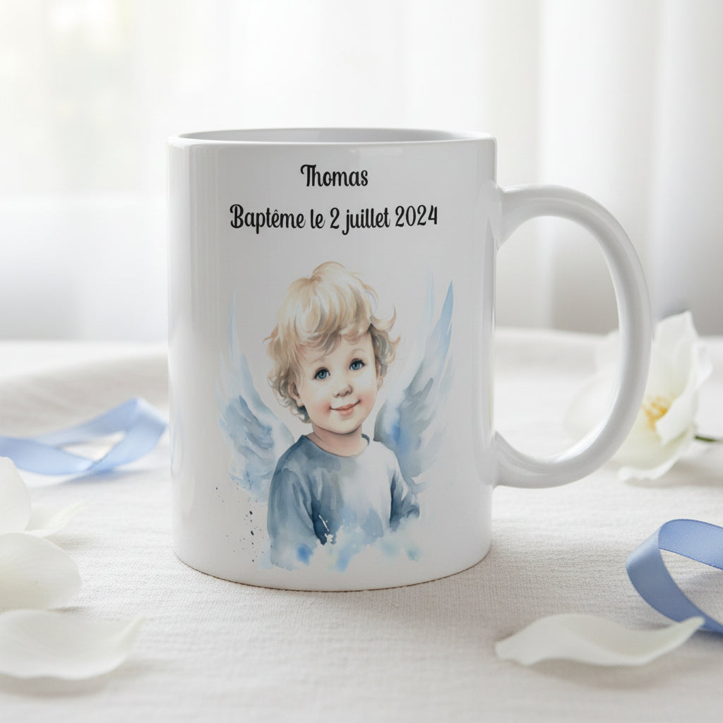 Mug céramique 325ml baptême ange personnalisé avec prénom - cadeau original baptême garçon ou fille