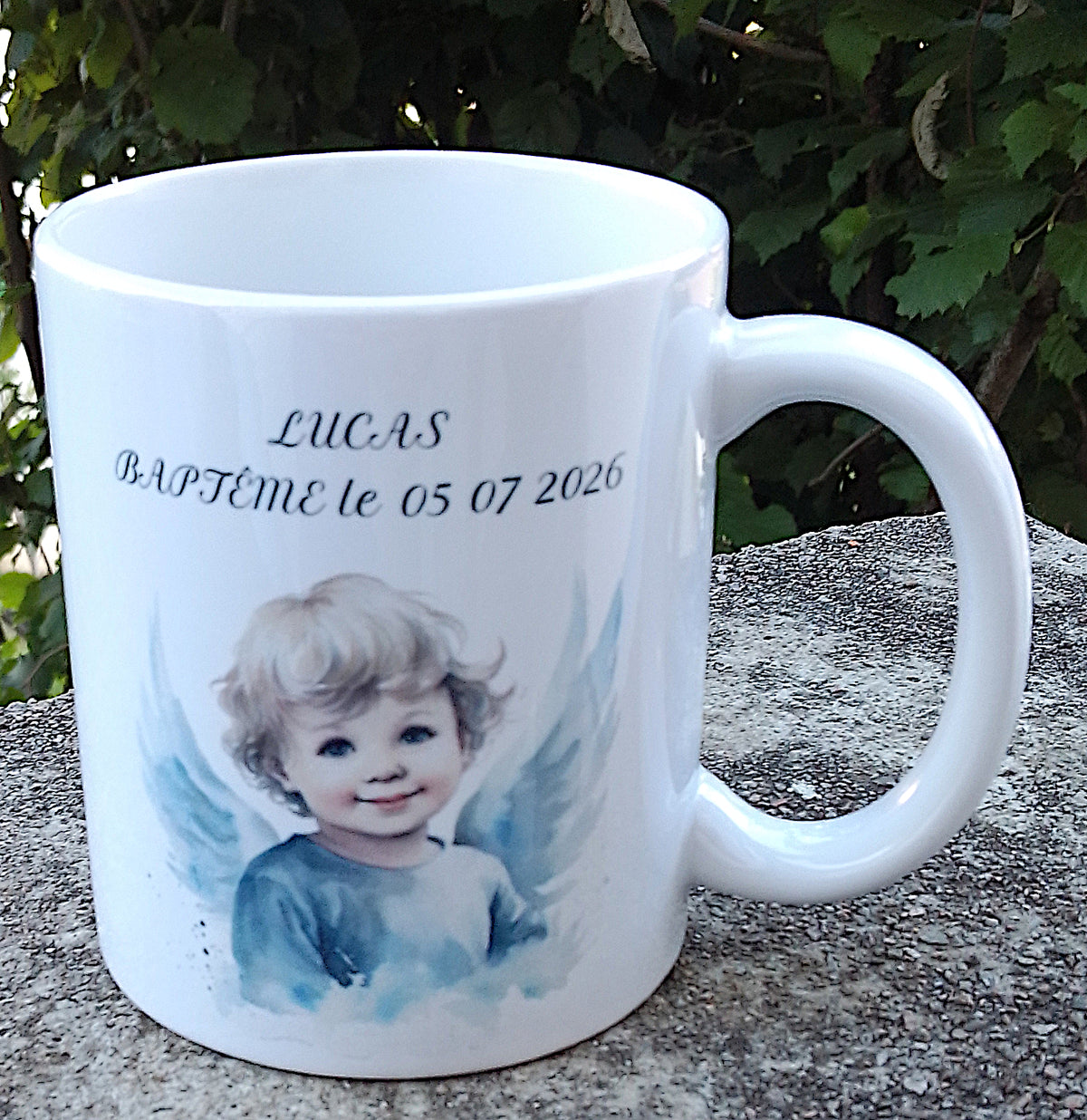 Mug céramique 325ml baptême ange personnalisé avec prénom - cadeau original baptême
